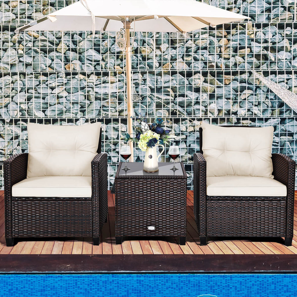 3 Piece Patio Rattan Furniture Set for Porch Balcony Garden Yard-Beige