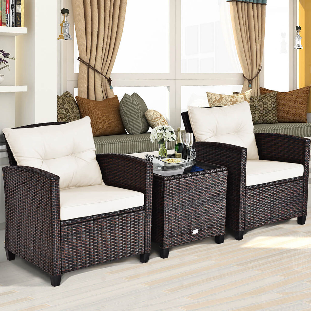 3 Piece Patio Rattan Furniture Set for Porch Balcony Garden Yard-Beige
