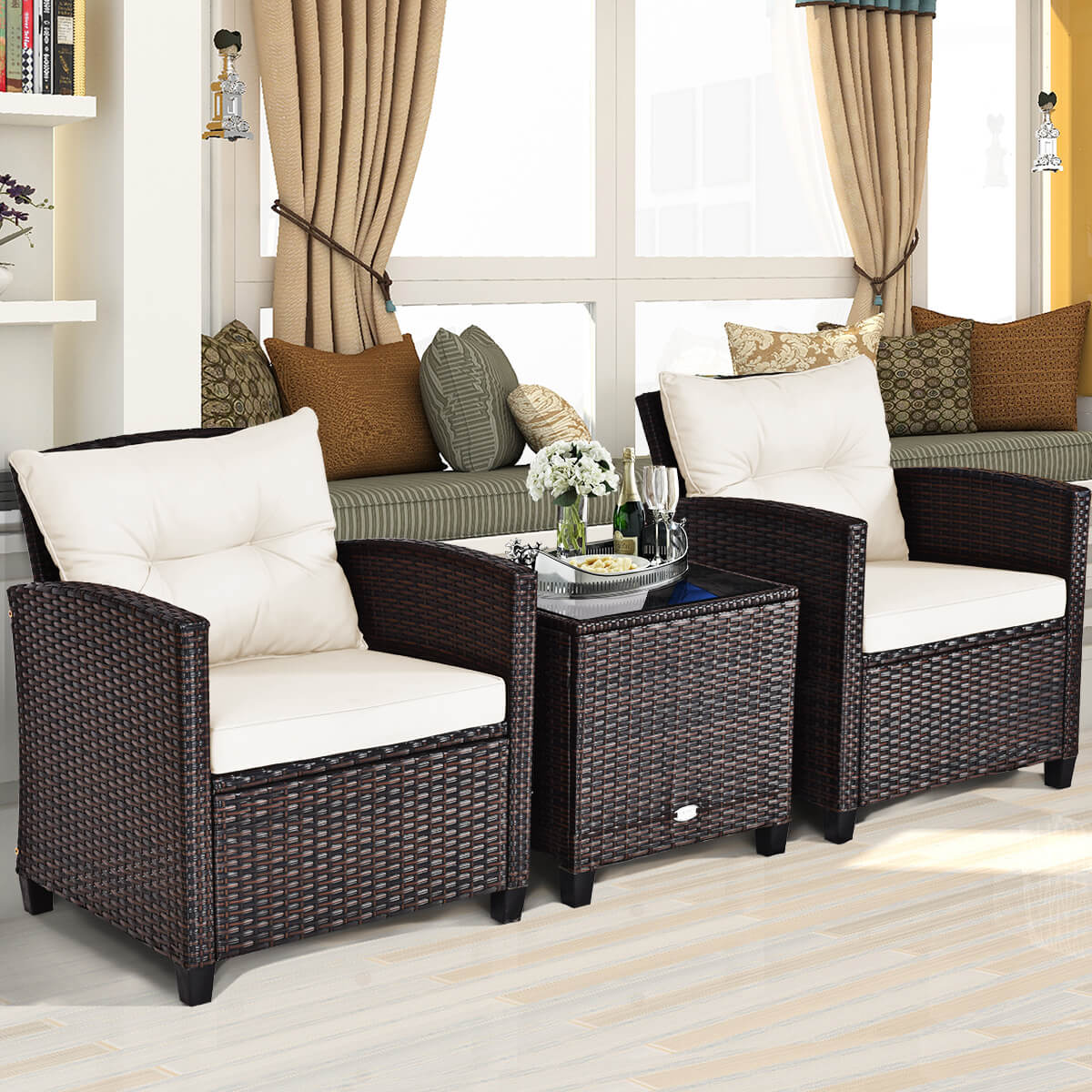 3 Piece Patio Rattan Furniture Set for Porch Balcony Garden Yard-Beige