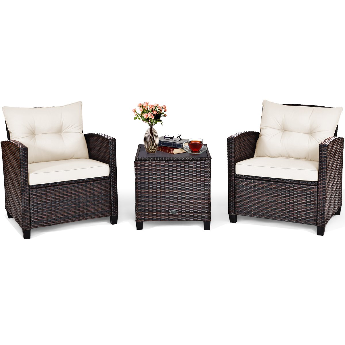 3 Piece Patio Rattan Furniture Set for Porch Balcony Garden Yard-Beige