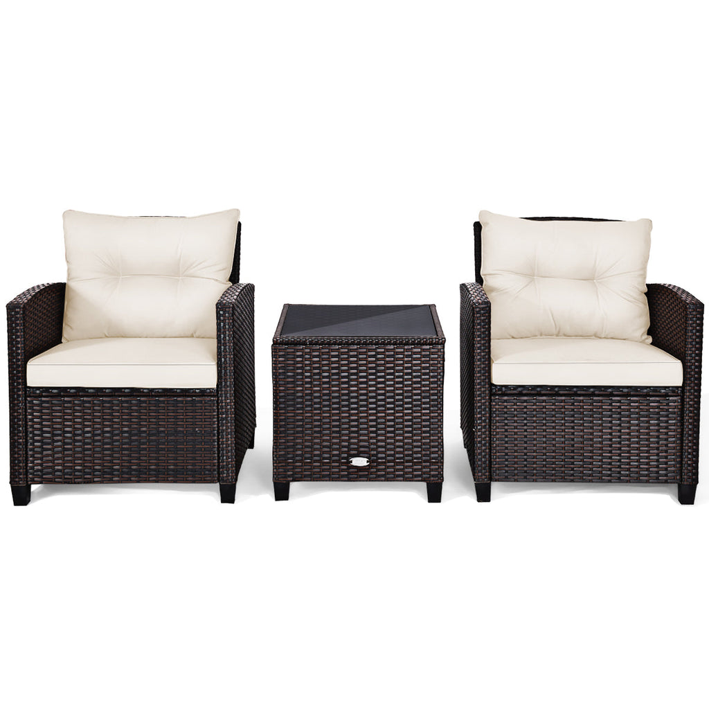 3 Piece Patio Rattan Furniture Set for Porch Balcony Garden Yard-Beige