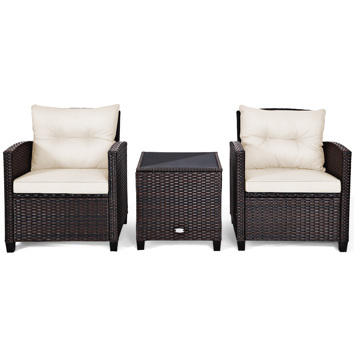 3 Piece Patio Rattan Furniture Set for Porch Balcony Garden Yard-Beige