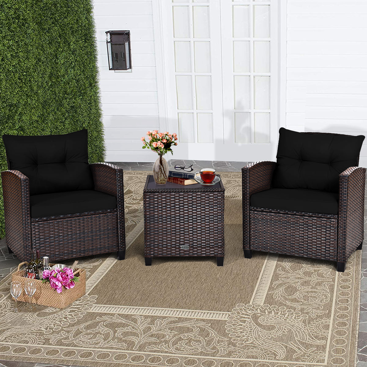 3 Piece Patio Rattan Furniture Set for Porch Balcony Garden Yard-Beige
