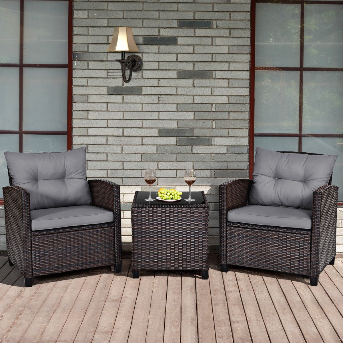 3 Piece Patio Rattan Furniture Set for Porch Balcony Garden Yard-Beige