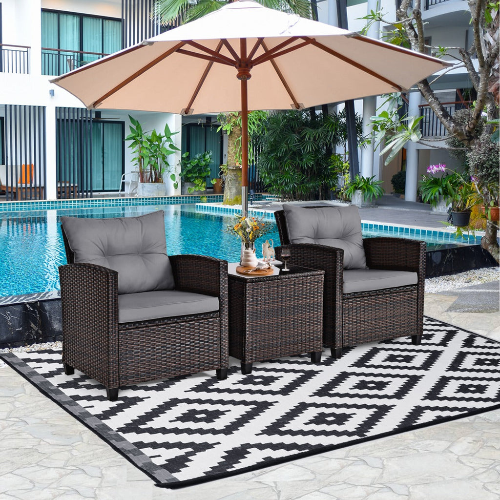 3 Piece Patio Rattan Furniture Set for Porch Balcony Garden Yard-Beige